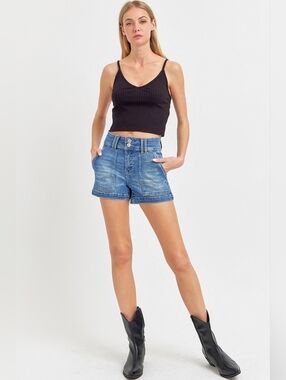 RISEN HR Medium Wash Double Button Patch Pocket Denim Shorts Various Plus NEW